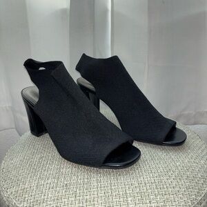 A black chunky heel with an open toe.
